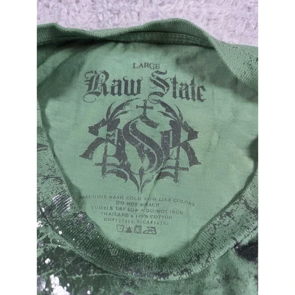 Raw State Mens Large Green Graphic Cross Loyalty Distressed T-Shirt Streetwear - Picture 5 of 8